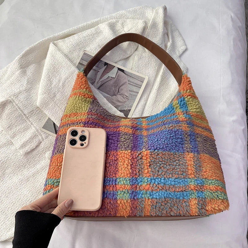 Fashion Classic Versatile Women's Panel Color Woolen Cloth Single Shoulder Tote Bag Outdoor Simple Commuter Casual Storage Bags