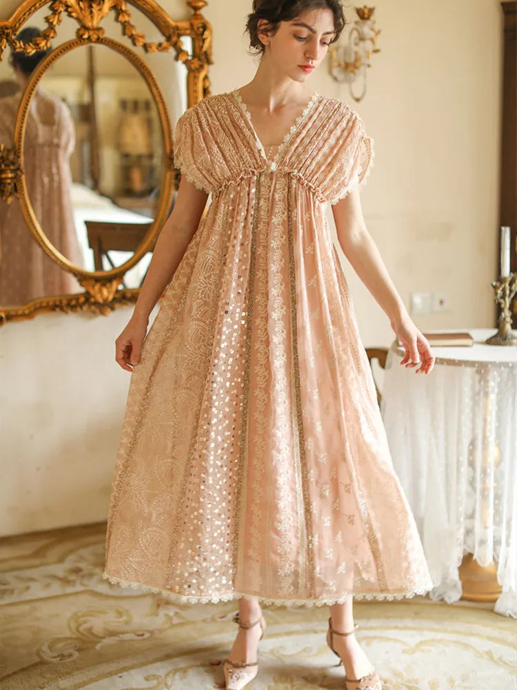 AIGYPTOS Spring Summer Women Pink Dress Vintage Elegant Slim Lace V-Neck Shiny Sequines Luxury Embroidery Party Birthday Dress