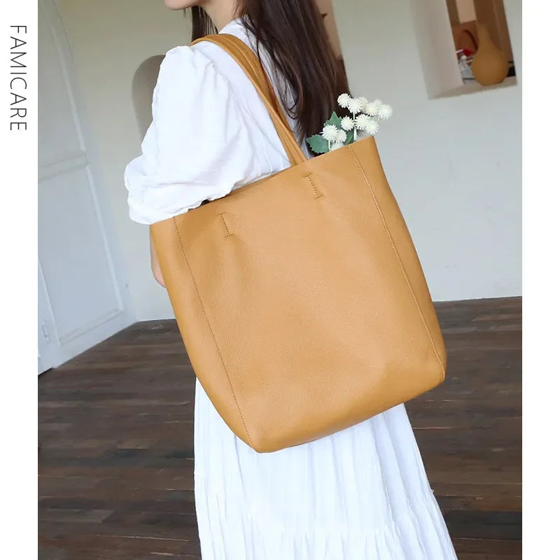 Women Luxury Bag Casual Tote Female Fashion Summer Beach Handbag Lady Popular Soft Cowhide Genuine Leather Shoulder Shopping Bag
