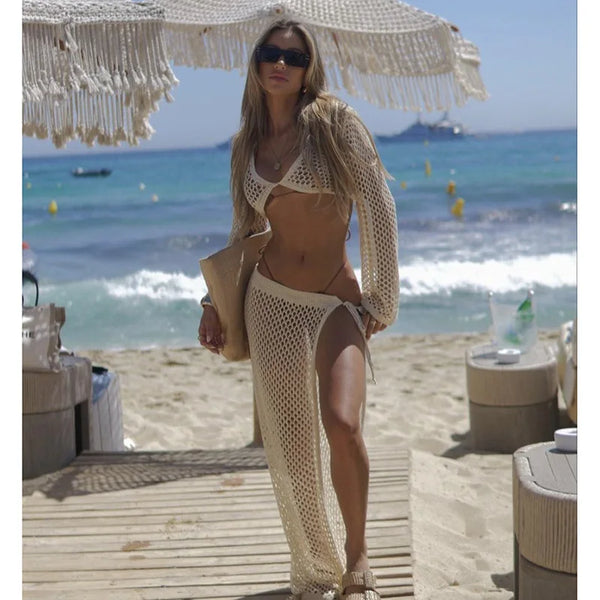 2024 Cover-ups Knitted Sexy See Through Bikinis Beach Cover Summer Long Sleeve Top Mesh Skirt Two-piece Set Hollow Out Dress